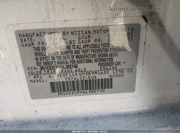 3N1CE2CP4GL380740 2016 NISSAN VERSA NOTE White ძრავის განყოფილების ხედი
