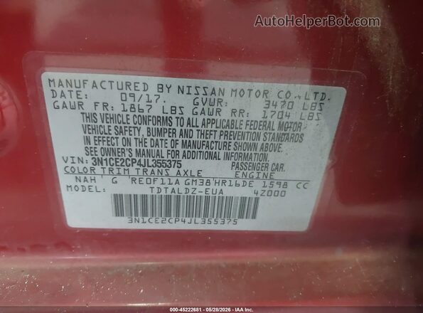 3N1CE2CP4JL355375 2018 NISSAN VERSA NOTE Burgundy Շարժիչի բաժամունքի տեսք