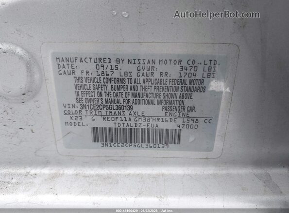3N1CE2CP5GL360139 2016 NISSAN VERSA NOTE Silver Շարժիչի բաժամունքի տեսք