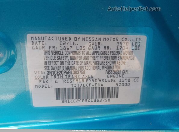 3N1CE2CP5GL383758 2016 NISSAN VERSA NOTE Синий Вид подкапотного пространства