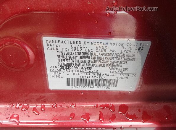 3N1CE2CP6GL379430 2016 NISSAN VERSA NOTE Red Вид підкапотного простору