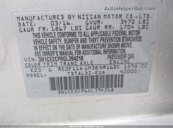 3N1CE2CP6GL394218 2016 NISSAN VERSA NOTE Silver Engine compartment view