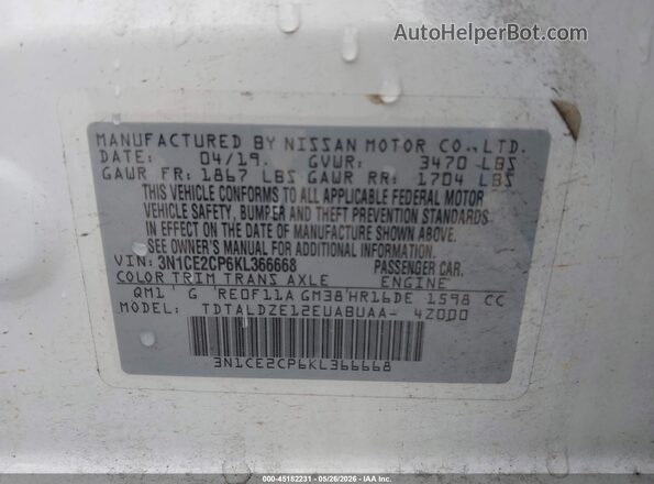 3N1CE2CP6KL366668 2019 NISSAN VERSA NOTE White Вид підкапотного простору