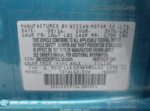 3N1CE2CP7GL384541 2016 NISSAN VERSA NOTE Blue Engine compartment view