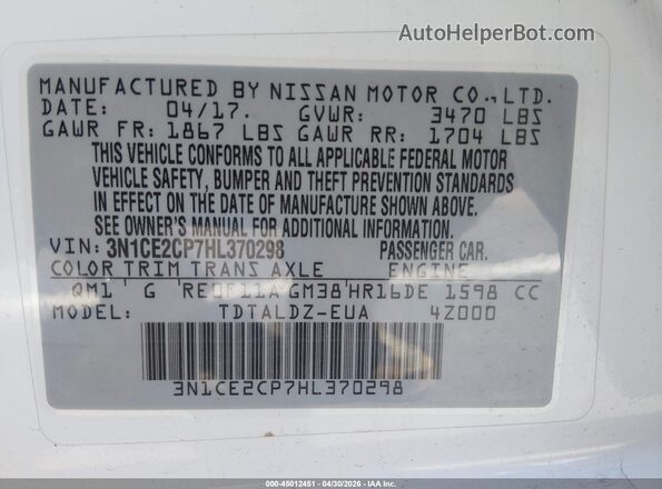 3N1CE2CP7HL370298 2017 NISSAN VERSA NOTE White Widok komory silnika