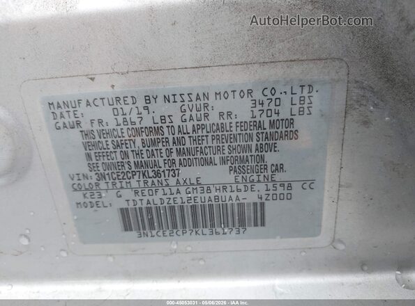 3N1CE2CP7KL361737 2019 NISSAN VERSA NOTE Silver Engine compartment view