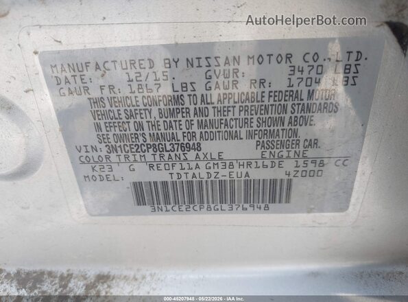 3N1CE2CP8GL376948 2016 NISSAN VERSA NOTE Silver Vista del compartimento del motor