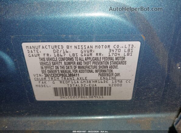 3N1CE2CP8GL389411 2016 NISSAN VERSA NOTE Blue Vista del compartimento del motor