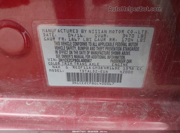 3N1CE2CP8GL400567 2016 NISSAN VERSA NOTE Red Widok komory silnika