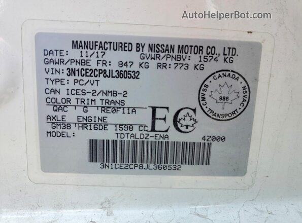 3N1CE2CP8JL360532 2018 NISSAN VERSA White Vista del compartimento del motor