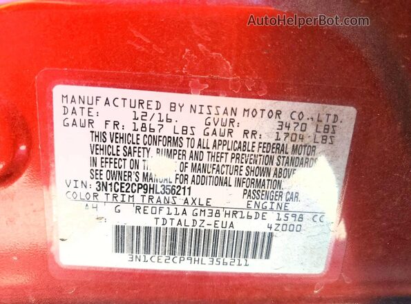 3N1CE2CP9HL356211 2017 NISSAN VERSA Red 