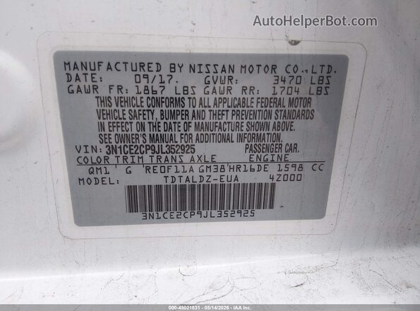 3N1CE2CP9JL352925 2018 NISSAN VERSA NOTE White Widok komory silnika