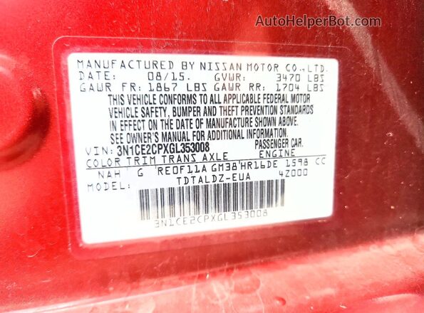 3N1CE2CPXGL353008 2016 NISSAN VERSA Red Engine compartment view