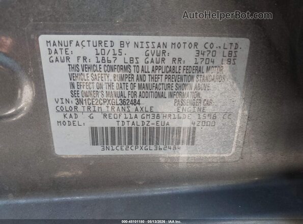 3N1CE2CPXGL362484 2016 NISSAN VERSA NOTE Gray Вид підкапотного простору