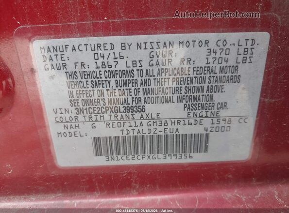 3N1CE2CPXGL399356 2016 NISSAN VERSA NOTE Red Engine compartment view