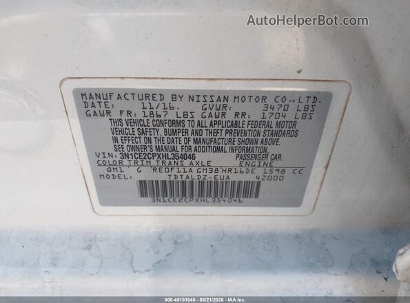 3N1CE2CPXHL354046 2017 NISSAN VERSA NOTE White Engine compartment view