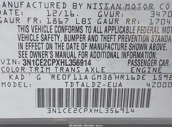 3N1CE2CPXHL356914 2017 NISSAN VERSA NOTE Gray 