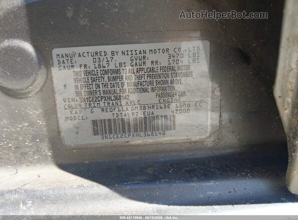 3N1CE2CPXHL368142 2017 NISSAN VERSA NOTE Gray 