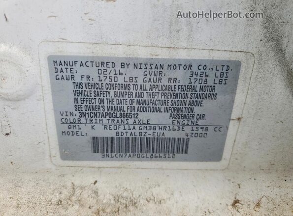 3N1CN7AP0GL866512 2016 NISSAN VERSA White 