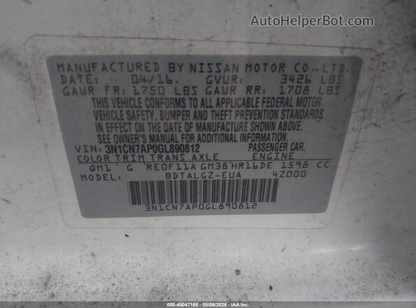 3N1CN7AP0GL890812 2016 NISSAN VERSA White 