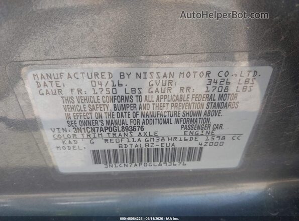 3N1CN7AP0GL893676 2016 NISSAN VERSA Beige Շարժիչի բաժամունքի տեսք