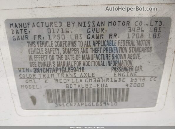 3N1CN7AP1GL859410 2016 NISSAN VERSA Белый 
