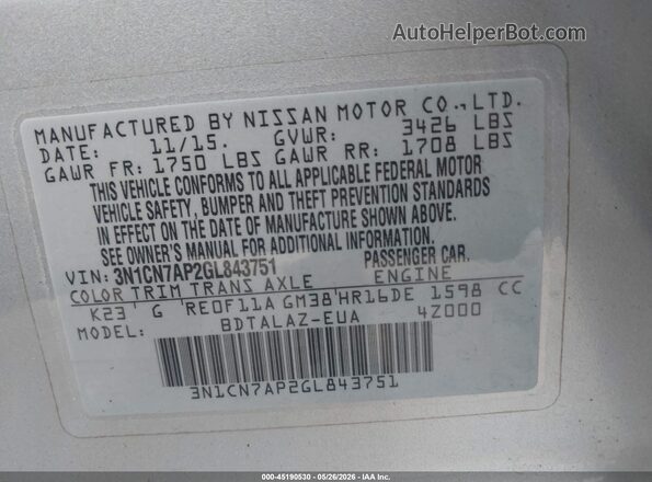 3N1CN7AP2GL843751 2016 NISSAN VERSA Silver 