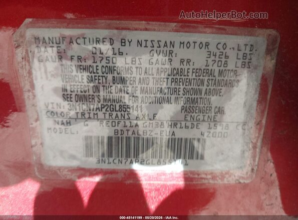 3N1CN7AP2GL855141 2016 NISSAN VERSA Красный Вид подкапотного пространства