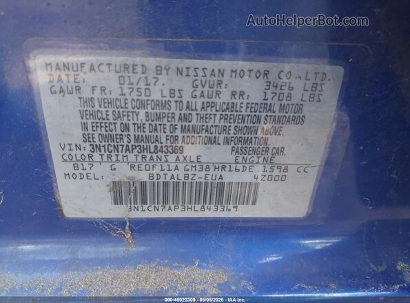 3N1CN7AP3HL843369 2017 NISSAN VERSA Blue 