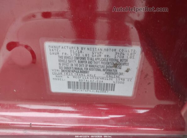 3N1CN7AP4JL860087 2018 NISSAN VERSA Red Widok komory silnika