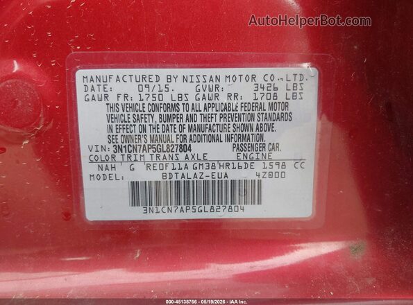 3N1CN7AP5GL827804 2016 NISSAN VERSA Red Widok komory silnika