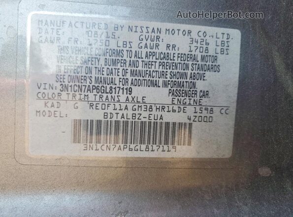 3N1CN7AP6GL817119 2016 NISSAN VERSA Gray 