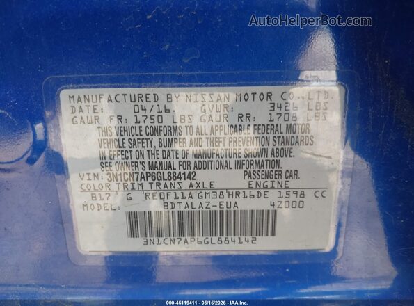 3N1CN7AP6GL884142 2016 NISSAN VERSA Blue Engine compartment view