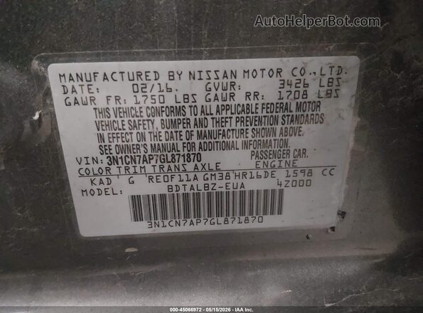 3N1CN7AP7GL871870 2016 NISSAN VERSA Gray Widok komory silnika