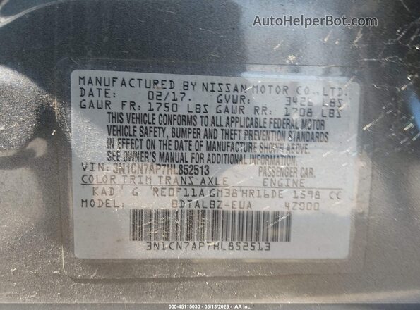 3N1CN7AP7HL852513 2017 NISSAN VERSA Gray Engine compartment view