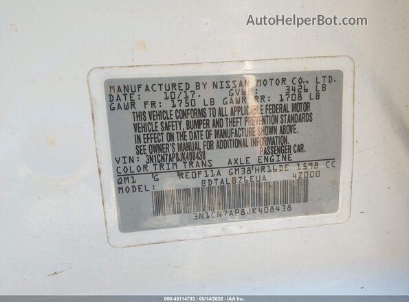 3N1CN7AP8JK408438 2018 NISSAN VERSA White Widok komory silnika