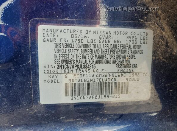 3N1CN7AP8JL884215 2018 NISSAN VERSA Blue 