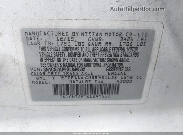 3N1CN7AP9GL849532 2016 NISSAN VERSA White Widok komory silnika