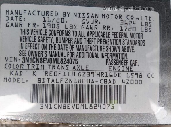 3N1CN8EV0ML824075 2021 NISSAN VERSA Gray Вид підкапотного простору