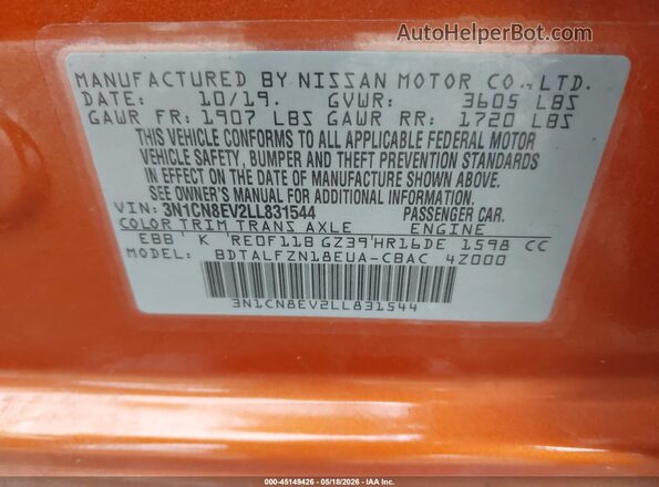 3N1CN8EV2LL831544 2020 NISSAN VERSA Orange ძრავის განყოფილების ხედი