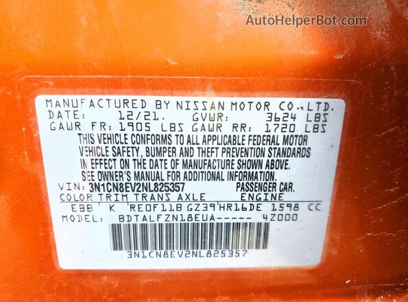 3N1CN8EV2NL825357 2022 NISSAN VERSA Orange 