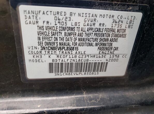 3N1CN8EV6PL850815 2023 NISSAN VERSA Black VIN կոդի պիտակի տեսք