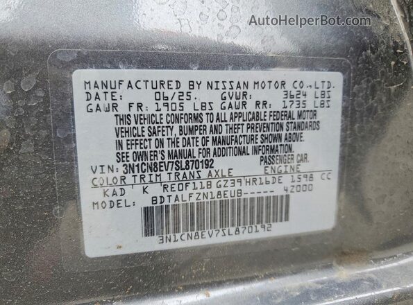 3N1CN8EV7SL870192 2025 NISSAN VERSA Серый Вид наклейки с VIN-кодом