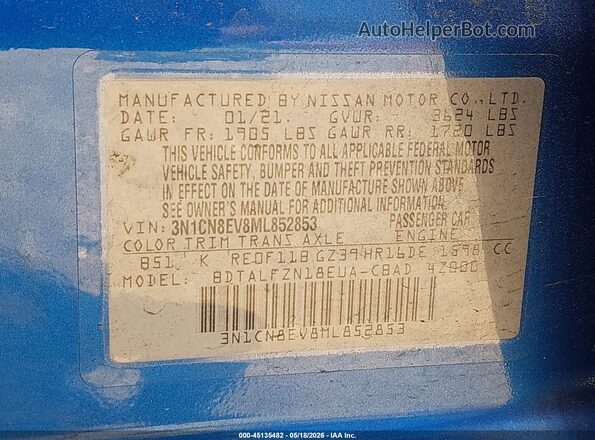 3N1CN8EV8ML852853 2021 NISSAN VERSA Синий Вид подкапотного пространства