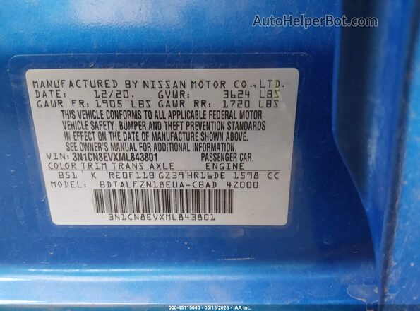 3N1CN8EVXML843801 2021 NISSAN VERSA Blue 