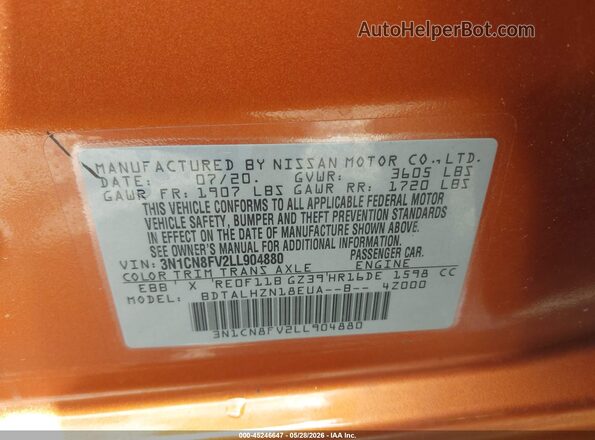 3N1CN8FV2LL904880 2020 NISSAN VERSA Оранжевый Вид подкапотного пространства
