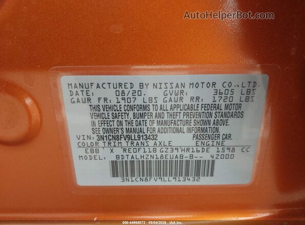 3N1CN8FV9LL913432 2020 NISSAN VERSA Orange 