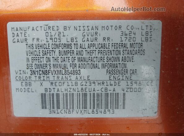 3N1CN8FVXML854893 2021 NISSAN VERSA Orange Շարժիչի բաժամունքի տեսք