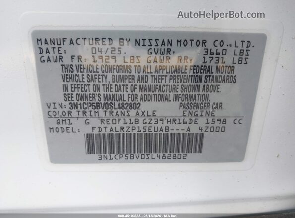 3N1CP5BV0SL482802 2025 NISSAN KICKS PLAY White Вид підкапотного простору