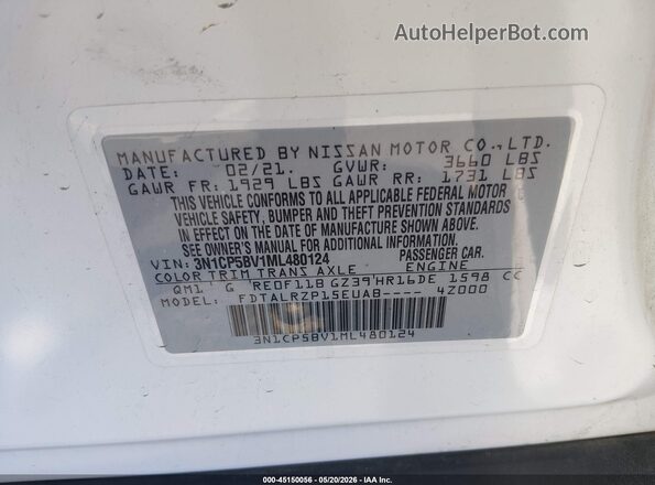 3N1CP5BV1ML480124 2021 NISSAN KICKS White Widok komory silnika